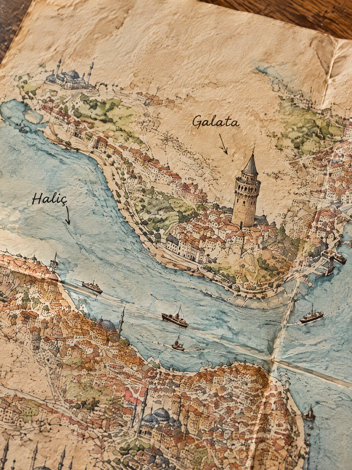 El Çizimi İstanbul Haritası – Galata ve Haliç çizimi yakından